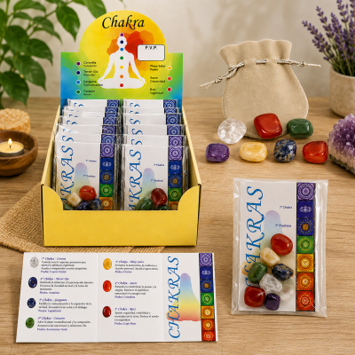 Kit de pedras para chakras em embalagens transparentes e caixa amarela de exposição