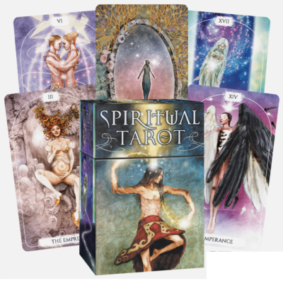 Caixa e cartas do tarô espiritual com ilustrações coloridas e nomes das cartas em inglês.