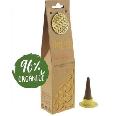Embalagem e cone de incenso orgânico castanho com base amarela