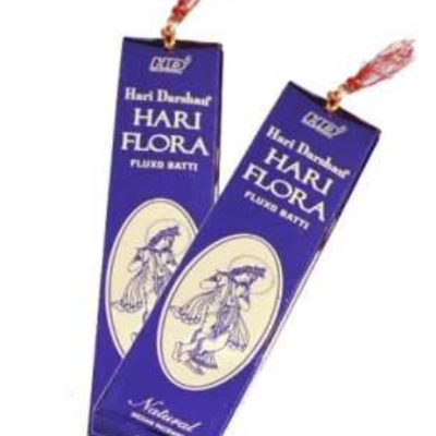 Caixas de incenso Hari Darshan Hari Flora em roxo com detalhe dourado e figura feminina tradicional