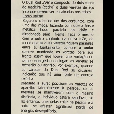 Texto explicativo sobre o Dual Rod para radiestesia com detalhes de materiais e uso