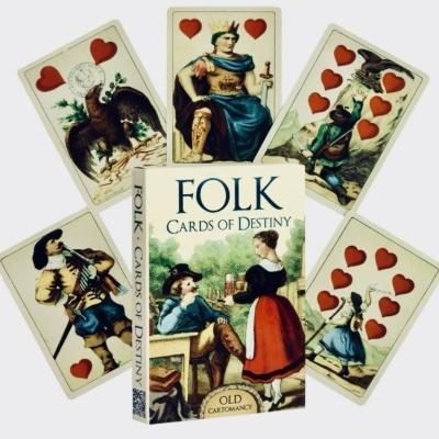 Conjunto de cartas FOLK CARDS OF DESTINY com ilustrações coloridas e tema de cartomancia