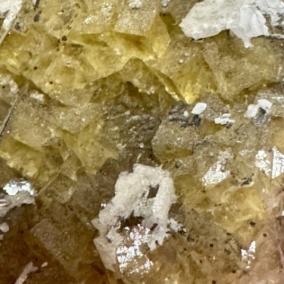 Cristal amarelo translúcido com inclusões brancas sobre fundo roxo