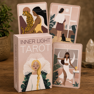 Caixa e três cartas do tarot Inner Light com ilustrações de mulheres e elementos naturais.