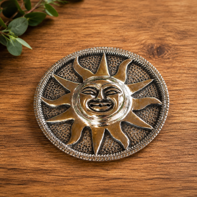 Objeto decorativo redondo em metal com desenho de sol sorridente