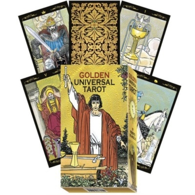 Conjunto de cartas de tarot Golden Universal Tarot com caixa amarela e cartas ilustradas