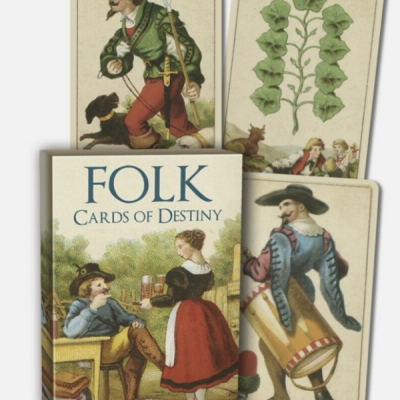 Caixa e cartas do baralho Folk Cards of Destiny com ilustrações vintage.