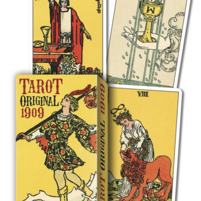Conjunto de cartas tarot coloridas com caixa amarela e figuras tradicionais