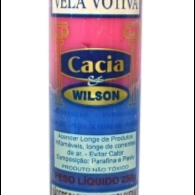 Vela votiva rosa e azul com texto impresso numa embalagem cilíndrica