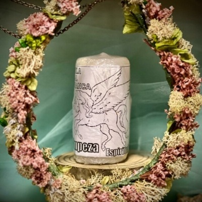 Vela branca com desenho de pégaso e texto pendurada numa moldura circular decorativa com musgo rosa e verde