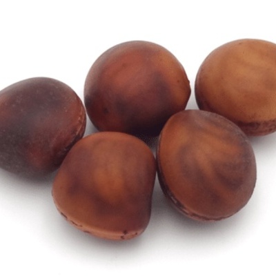 Cinco castanhas com casca castanha lisa e tonalidades escuras sobre fundo branco.