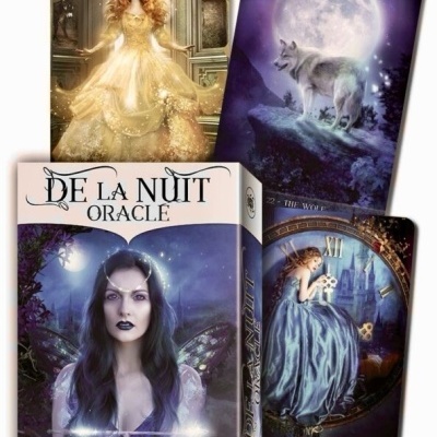 Cartas oráculo De La Nuit Oracle com imagens de mulher, lobo e relógio