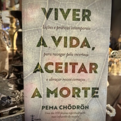 Livro Viver a Vida, Aceitar a Morte de Pema Chödrön numa mesa com objetos decorativos ao fundo