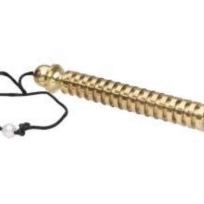 Pêndulo dourado cilíndrico com cordão preto e esfera branca