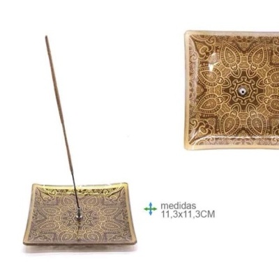 Cinzeiro quadrado em vidro castanho e dourado com suporte para incenso