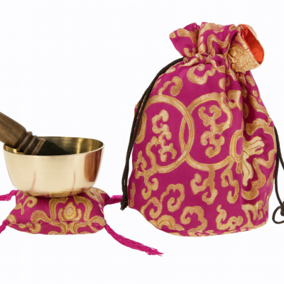 Conjunto de tigela tibetana e saco de tecido com padrão dourado