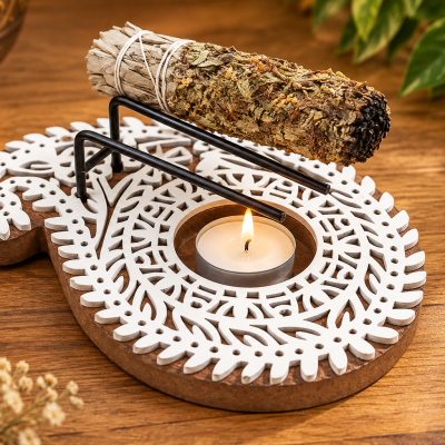 Suporte decorativo em madeira para incenso e vela de chá acesa