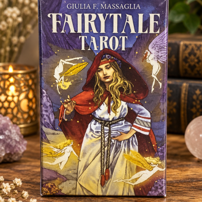 Caixa do baralho Fairy Tale Tarot com ilustração de mulher e fadas.