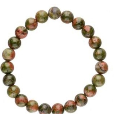 Pulseira de contas verdes e rosas com padrão marmoreado