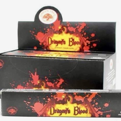 Caixa e embalagem de incenso Dragons Blood com design preto e vermelho com chamas