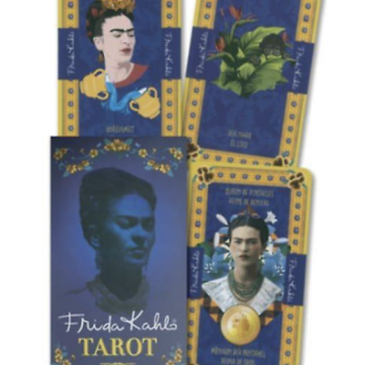 Baralho de tarot Frida Kahlo com cartas azuis e amarelas e imagens de Frida Kahlo.