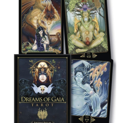 Conjunto de cartas de tarot Dreams of Gaia Tarot com ilustrações coloridas e embalagem preta