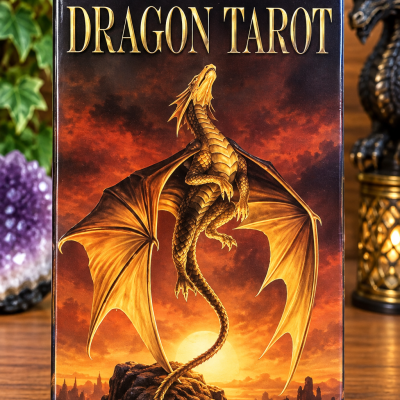 Caixa de tarot com dragão dourado e texto ANNE STOKES DRAGON TAROT