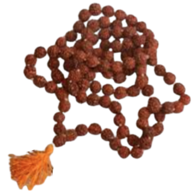 Rosário de contas marrons com borla laranja num fundo branco