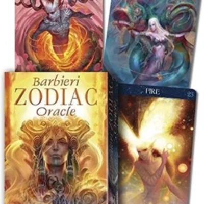 Cartas de oráculo zodiacal Barbieri Zodiac Oracle com imagens coloridas e nomes ARIES, PISCES, FIRE