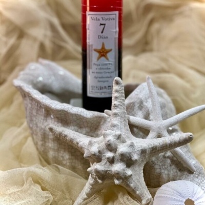 Vela votiva vermelha e preta dentro de concha branca junto a estrelas do mar e ouriço branco