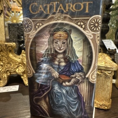 Caixa de baralho de tarô CATTAROT com ilustração de gato vestido em trajes antigos