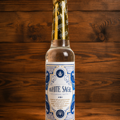 Garrafa de água limpa White Sage com rótulo branco e azul e tampa dourada em fundo de madeira