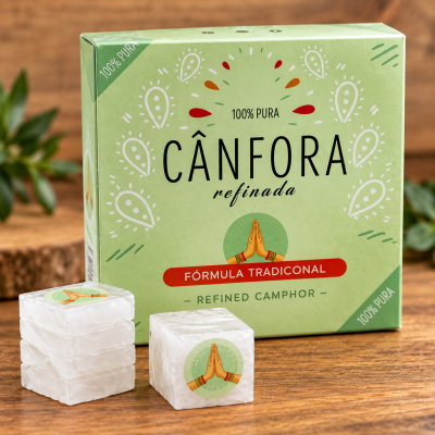 Caixa de cânfora refinada com cubos brancos sobre uma superfície de madeira.