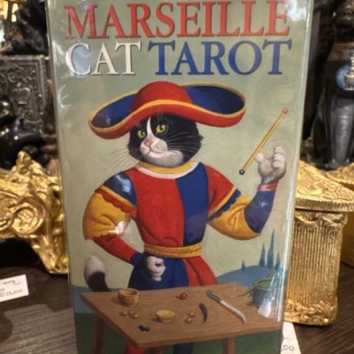 Caixa de tarot Marseille Cat Tarot com ilustração de gato vestido de medieval