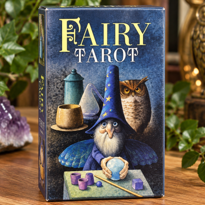 Caixa do tarot Fairy Tarot com ilustração de feiticeiro e coruja em fundo azul