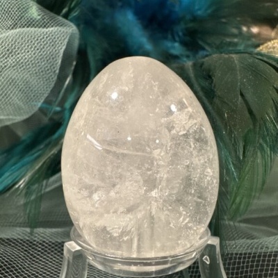 Ovo de cristal transparente com base acrílica e penas verdes ao fundo