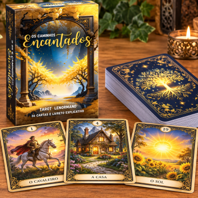 Cartas de Tarot Lenormand Os Caminhos Encantados com arte detalhada e caixa azul e dourada