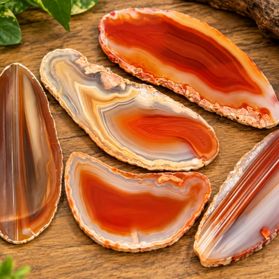 Placas de ágata laranja e castanha sobre madeira com plantas ao redor