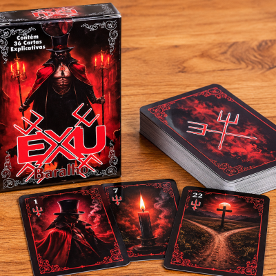 Baralho EXU com caixa preta e vermelha, cartas ilustradas com números 1, 7 e 22 sobre mesa de madeira.
