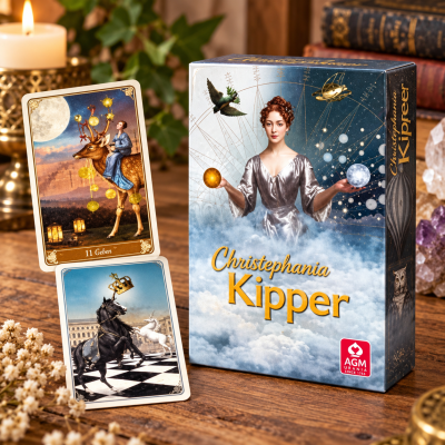 Jogo de cartas Christephania Kipper com duas cartas ilustradas e caixa decorada