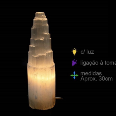 Lâmpada de cristal branca translúcido iluminada com textos sobre luz, ligação e tamanho