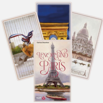 Cartas ilustradas com monumentos de Paris e caixa do jogo Lenormand de Paris