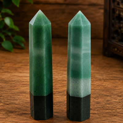 Dois obeliscos de cristal verde polido sobre madeira