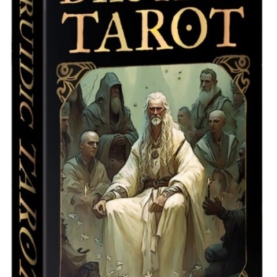 Caixa preta de baralho de tarot DRUIDIC TAROT com ilustração de homem branco barbudo e outras pessoas