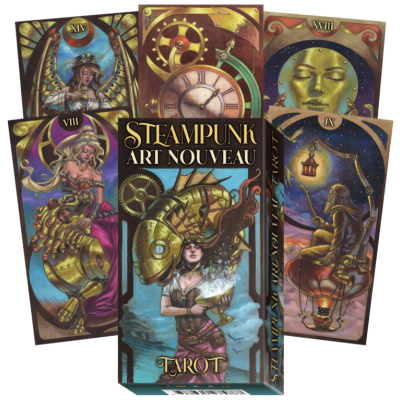 Caixa e cartas de tarot Steampunk Art Nouveau com ilustrações coloridas e estilo mecânico