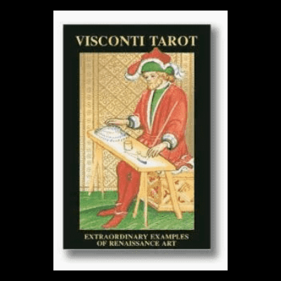 Capa do baralho VISCONTI TAROT com figura renascentista a escrever numa mesa