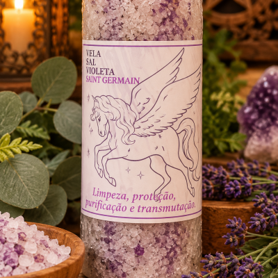 Vela de sal violeta Saint Germain com embalagem e ilustração de pégaso