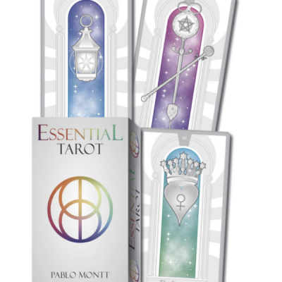 Conjunto de tarot com caixa Essential Tarot e cartas coloridas com símbolos monocromáticos