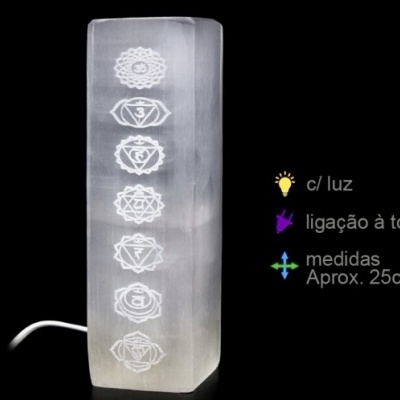 Lâmpada retangular branca com símbolos de chakras em fundo negro
