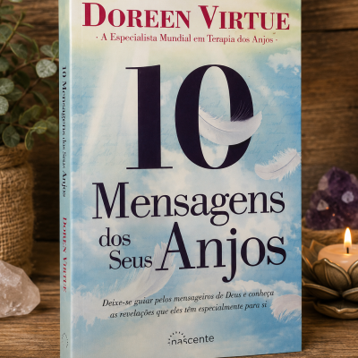 Livro 10 Mensagens dos Seus Anjos de Doreen Virtue com capa azul clara e penas brancas sobre mesa de madeira